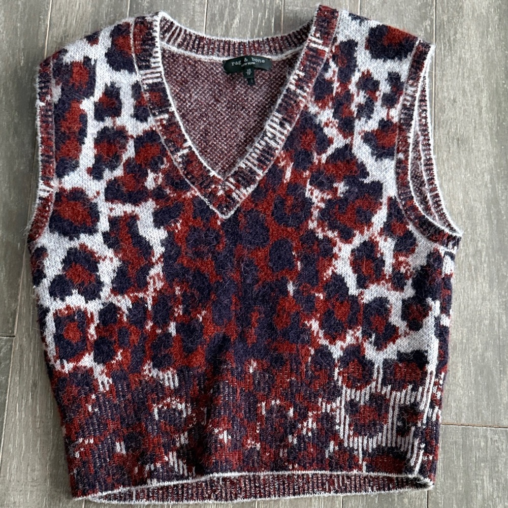 rag & bone Red and Black Leopard V-Neck Sweater Vest